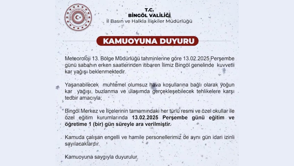 Bingöl'de eğitime 1 gün ara verildi