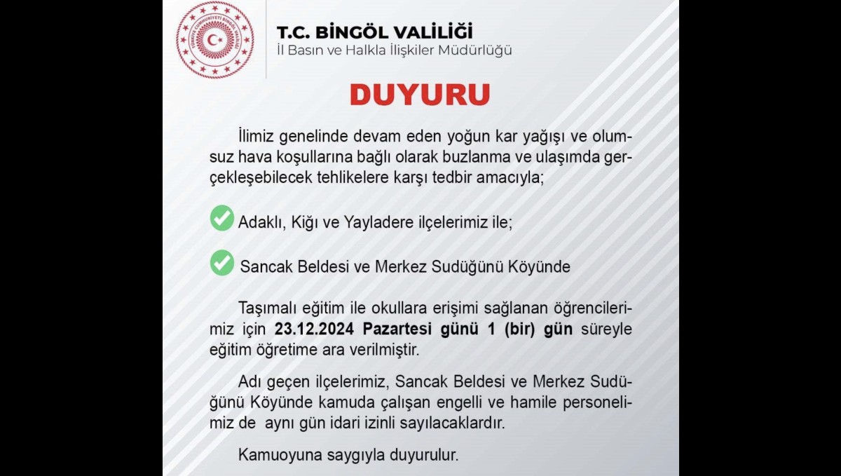 Bingöl'ün üç ilçesinde taşımalı eğitime 1 gün ara verildi