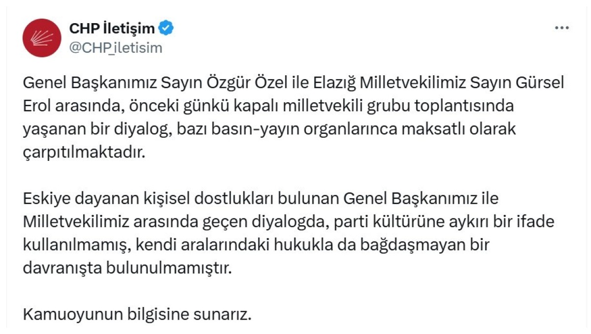 CHP'den, Genel Başkan Özel ve Elazığ Milletvekili Erol açıklaması