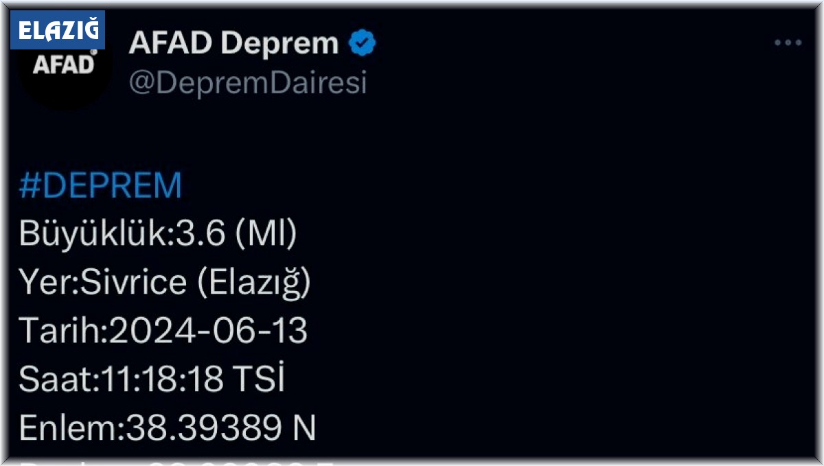 Elazığ'da 3.6 büyüklüğünde deprem