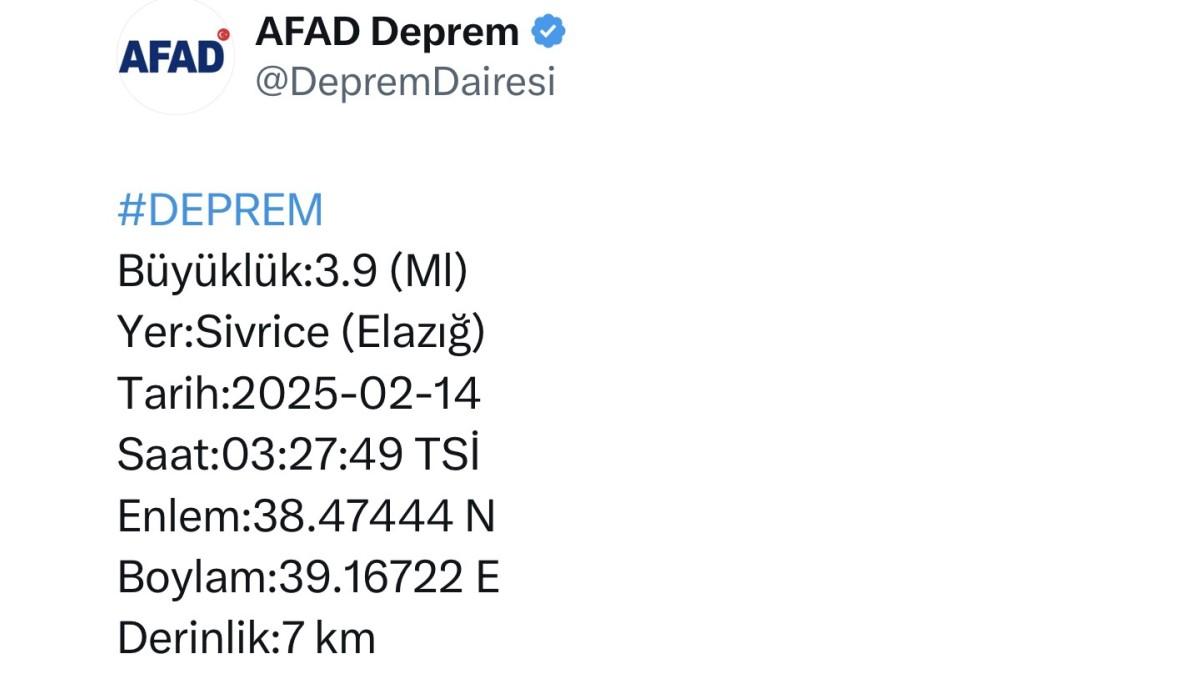 Elazığ'da 3.9 büyüklüğünde deprem