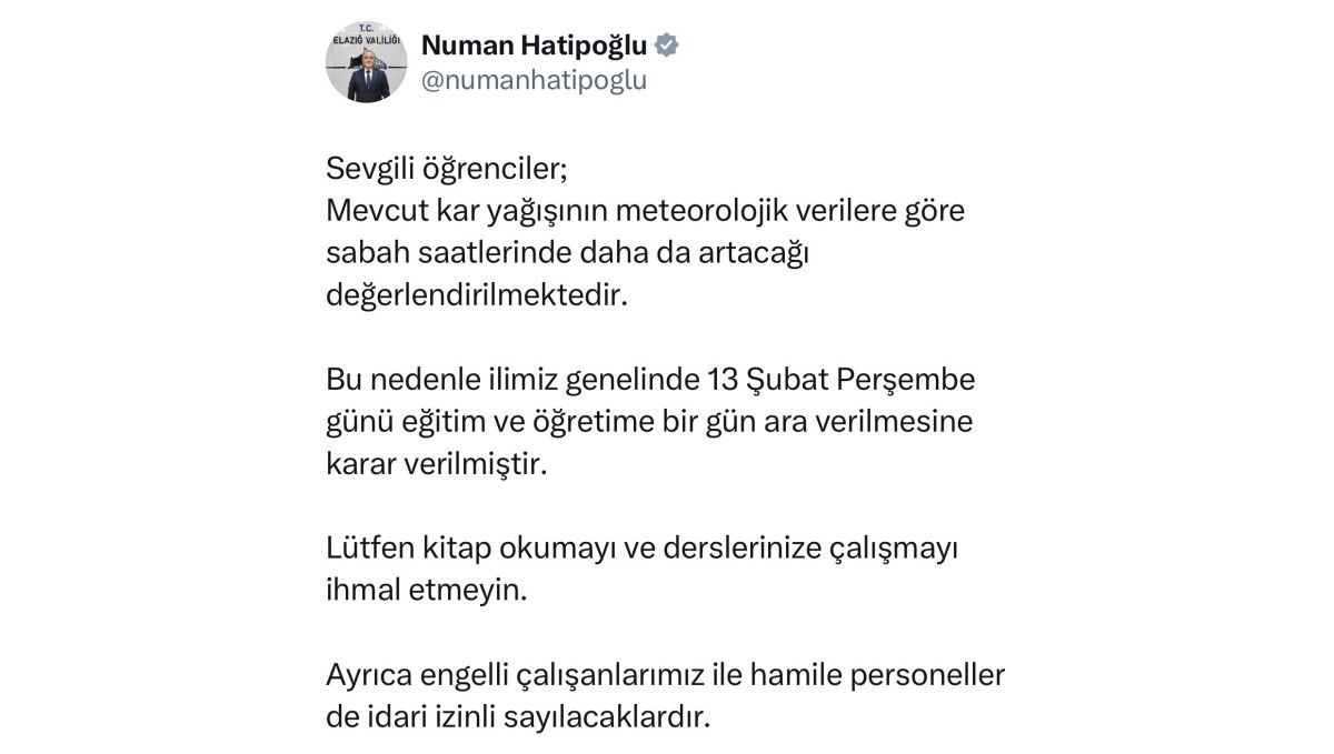 Elazığ'da eğitime 1 gün ara verildi