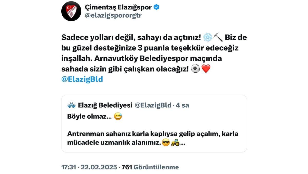 Elazığspor ve belediye arasındaki kar mizahı sosyal medyada ilgi gördü