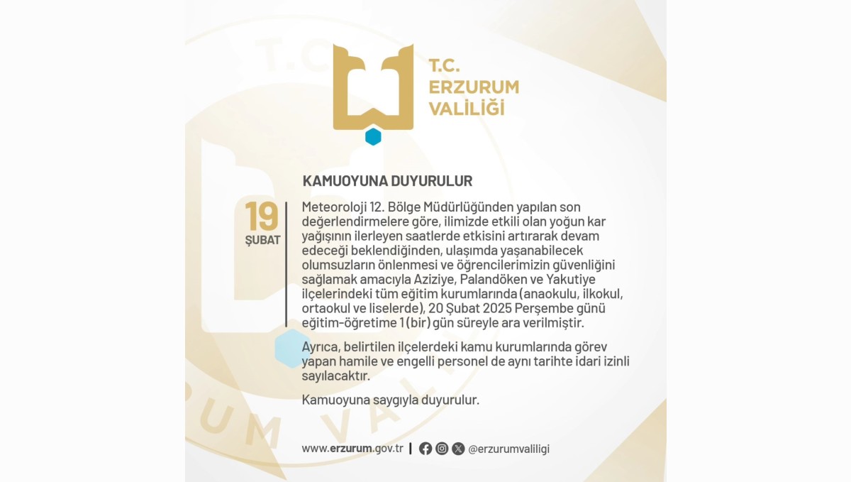 Erzurum'da eğitime 1 gün kar tatili