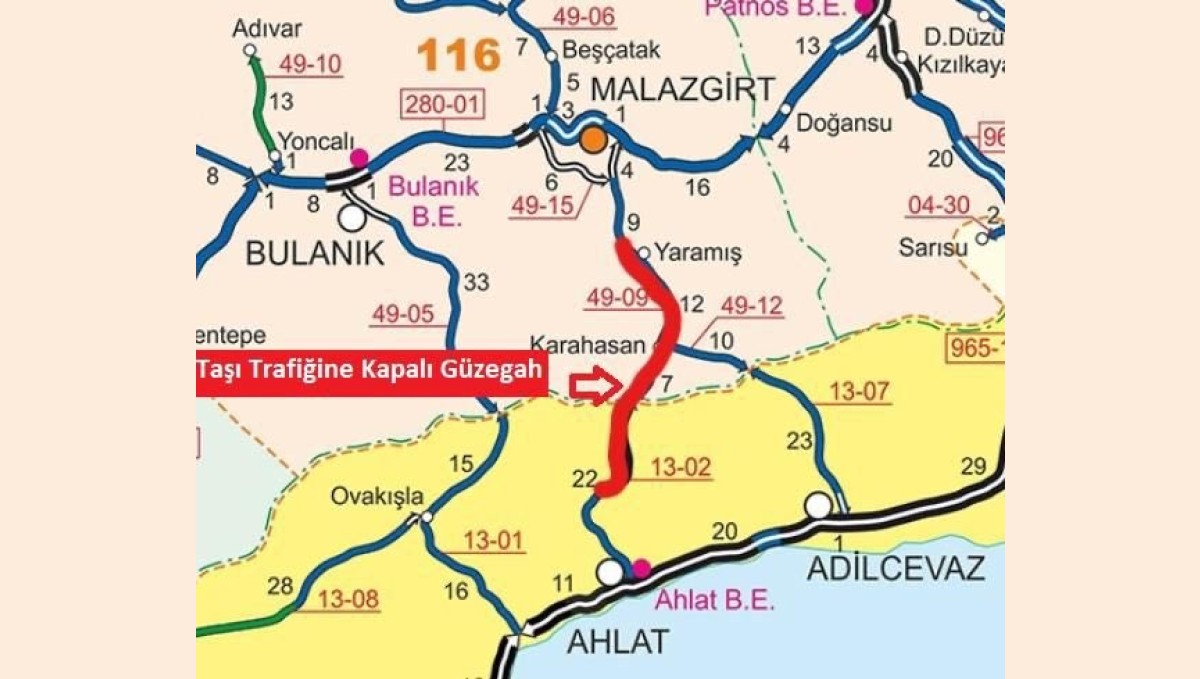 Malazgirt-Ahlat Karayolu geçici olarak ulaşıma kapatıldı