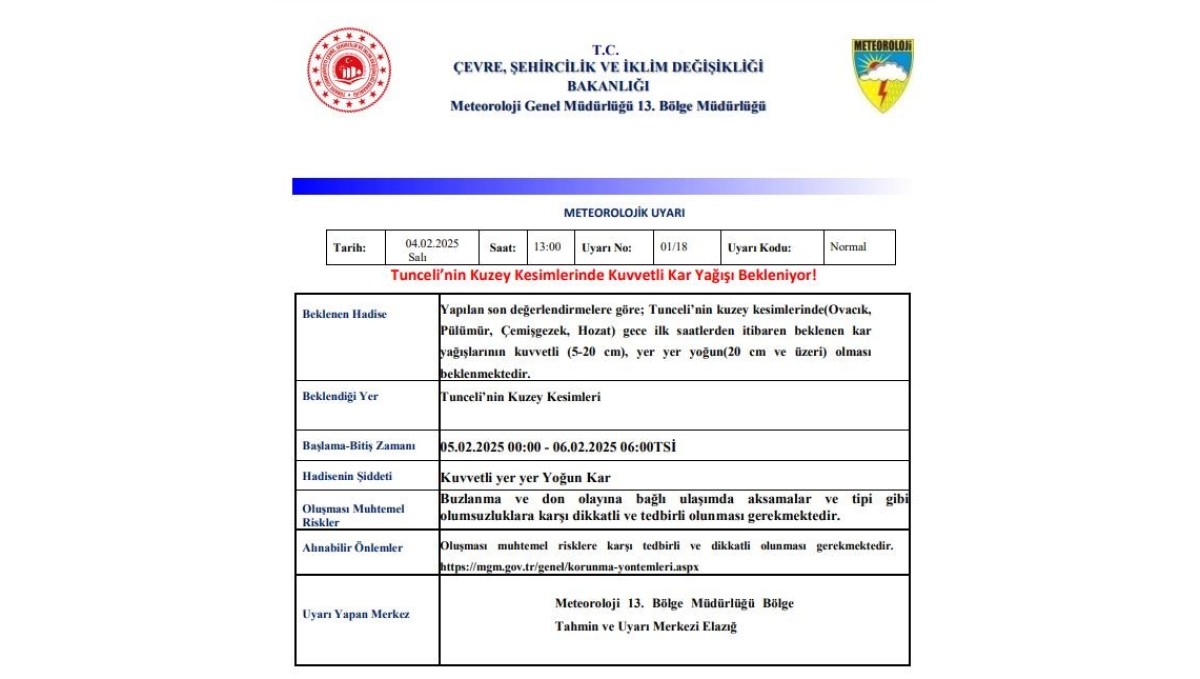 Meteoroloji'nden Tunceli için kuvvetli kar yağışı uyarısı