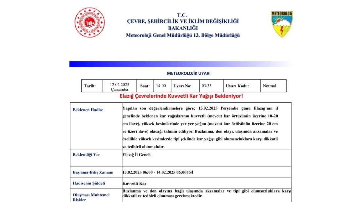 Meteorolojiden Elazığ için kuvvetli kar uyarısı