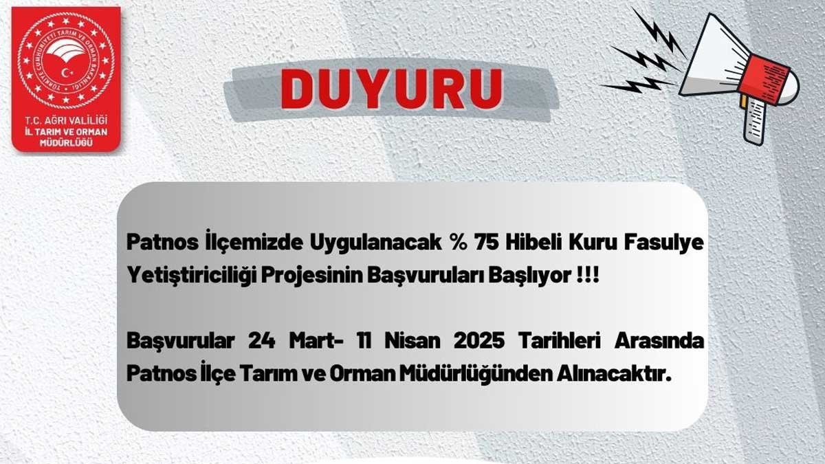 Patnos’ta %75 Hibeli Kuru Fasulye Yetiştiriciliği Projesi İçin Başvurular Başladı