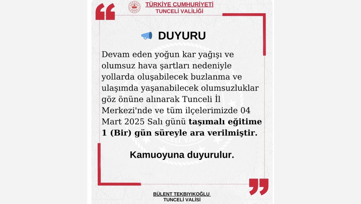 Tunceli'de eğitime 1 gün ara verildi